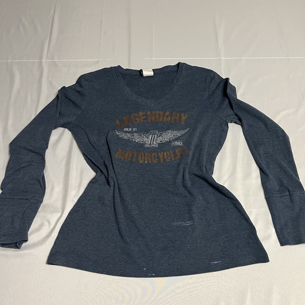 Harley Davidson Women's Small Long Sleeve T-Shirt Blue Grunge Biker